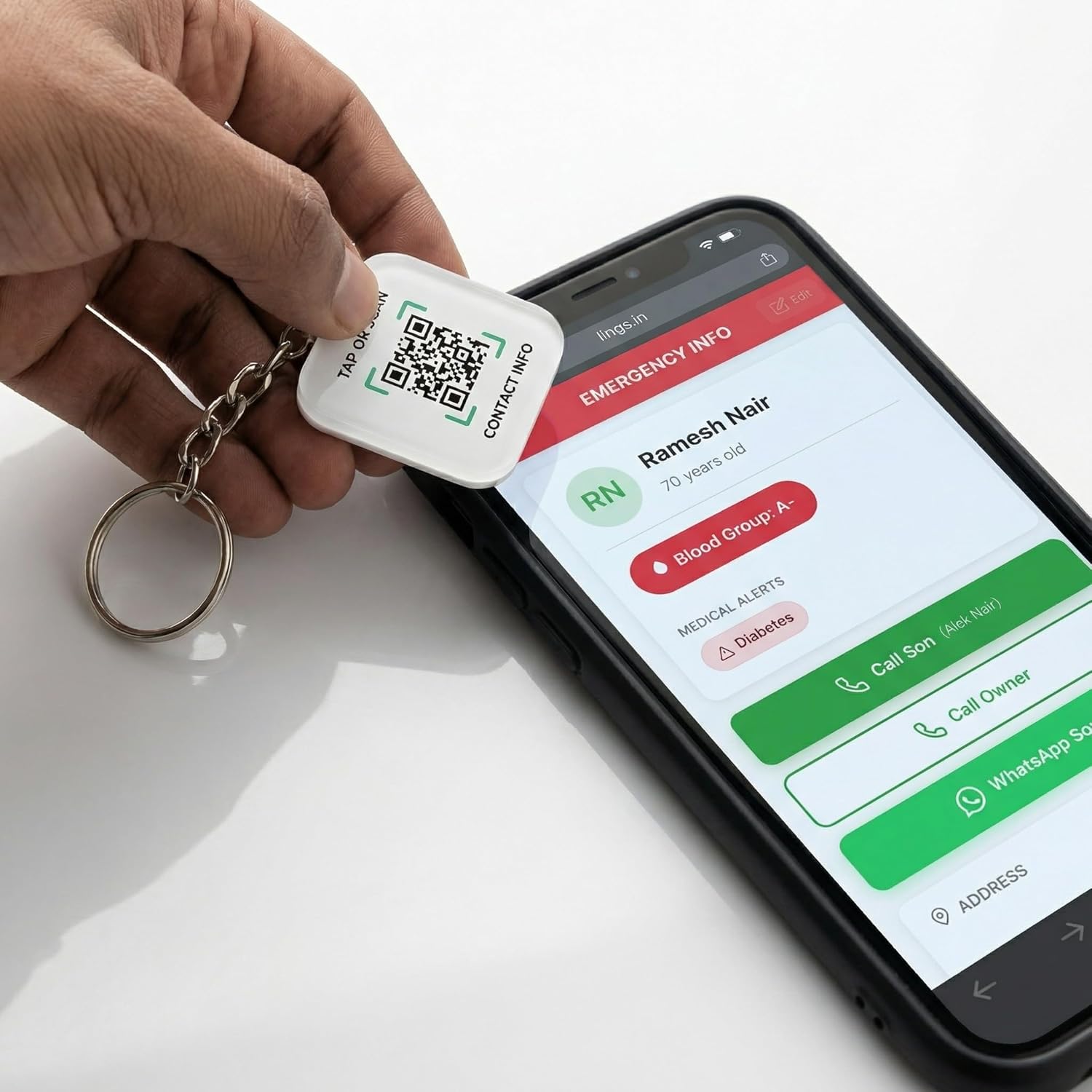 WiFiTag on keychain with emergency profile on phone