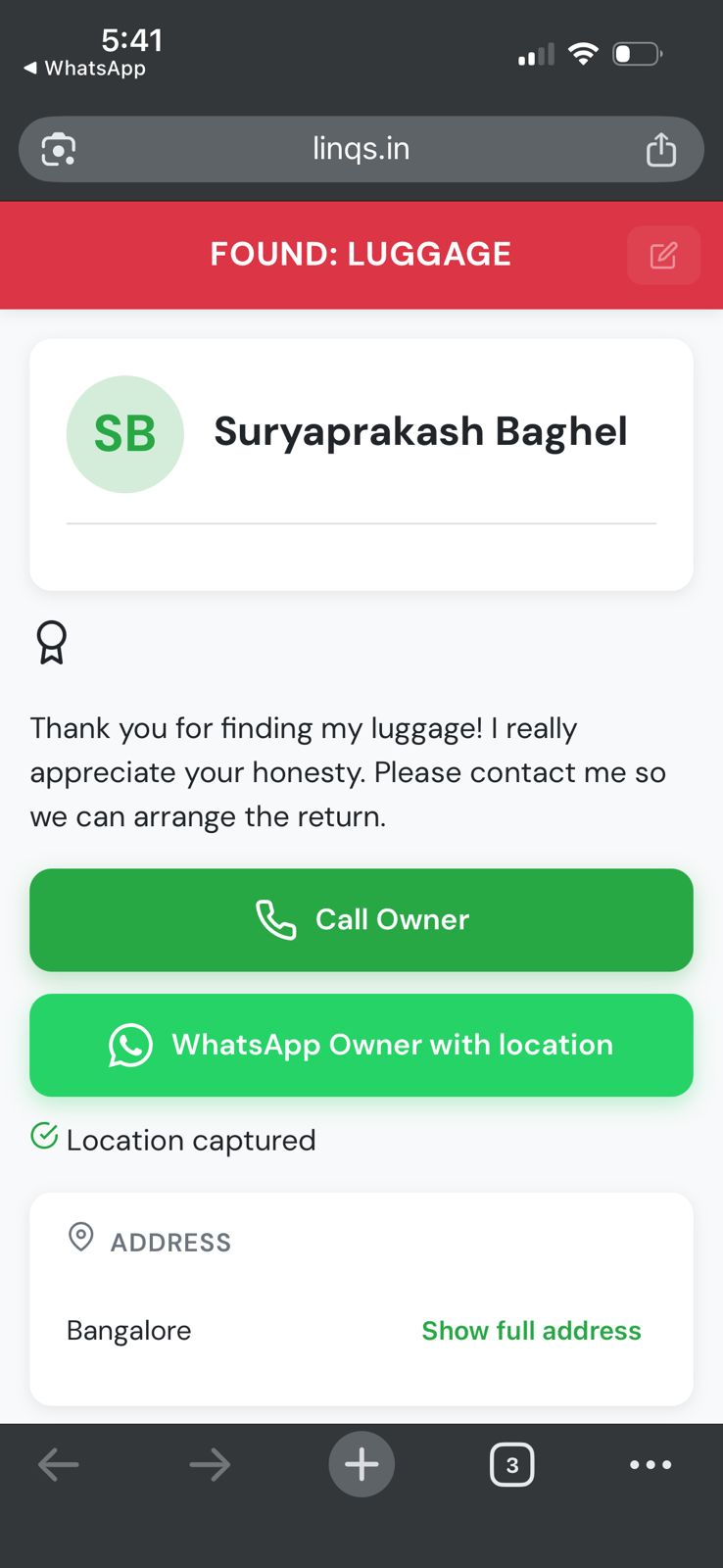 Lost and found return flow with quick call and WhatsApp options