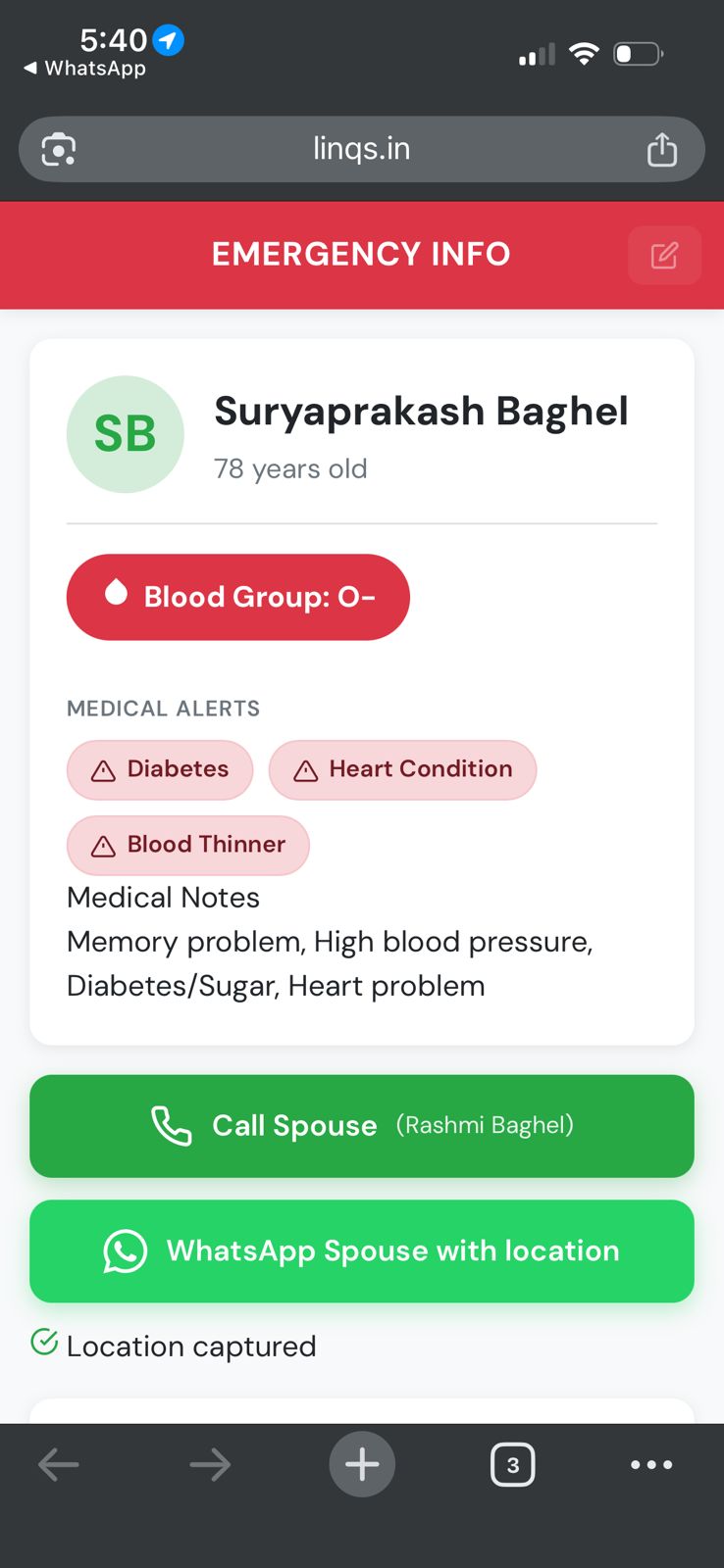 Public helper screen with emergency info and contact buttons